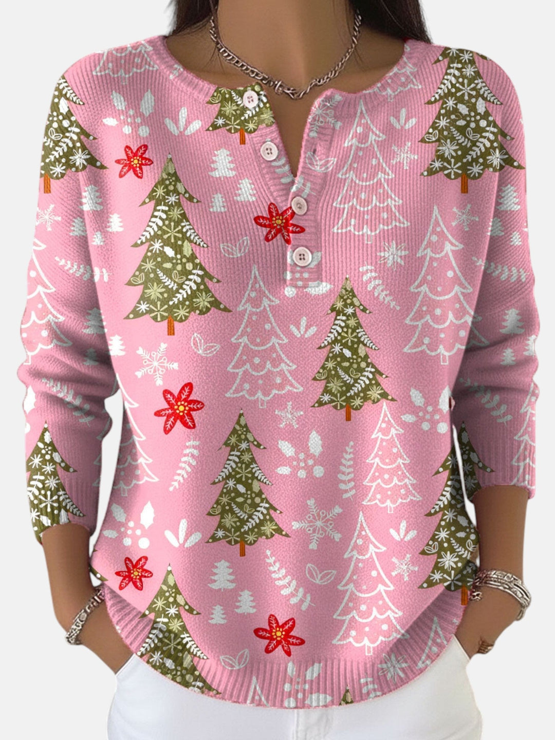 Button-front sweater in five festive colors for women