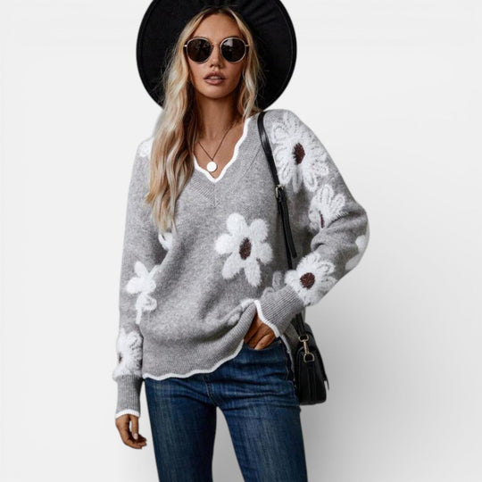 Floral V-neck sweater in five muted shades for women