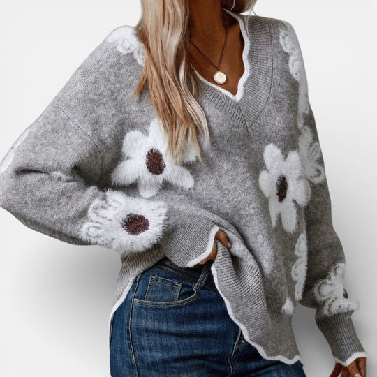 Floral V-neck sweater in five muted shades for women