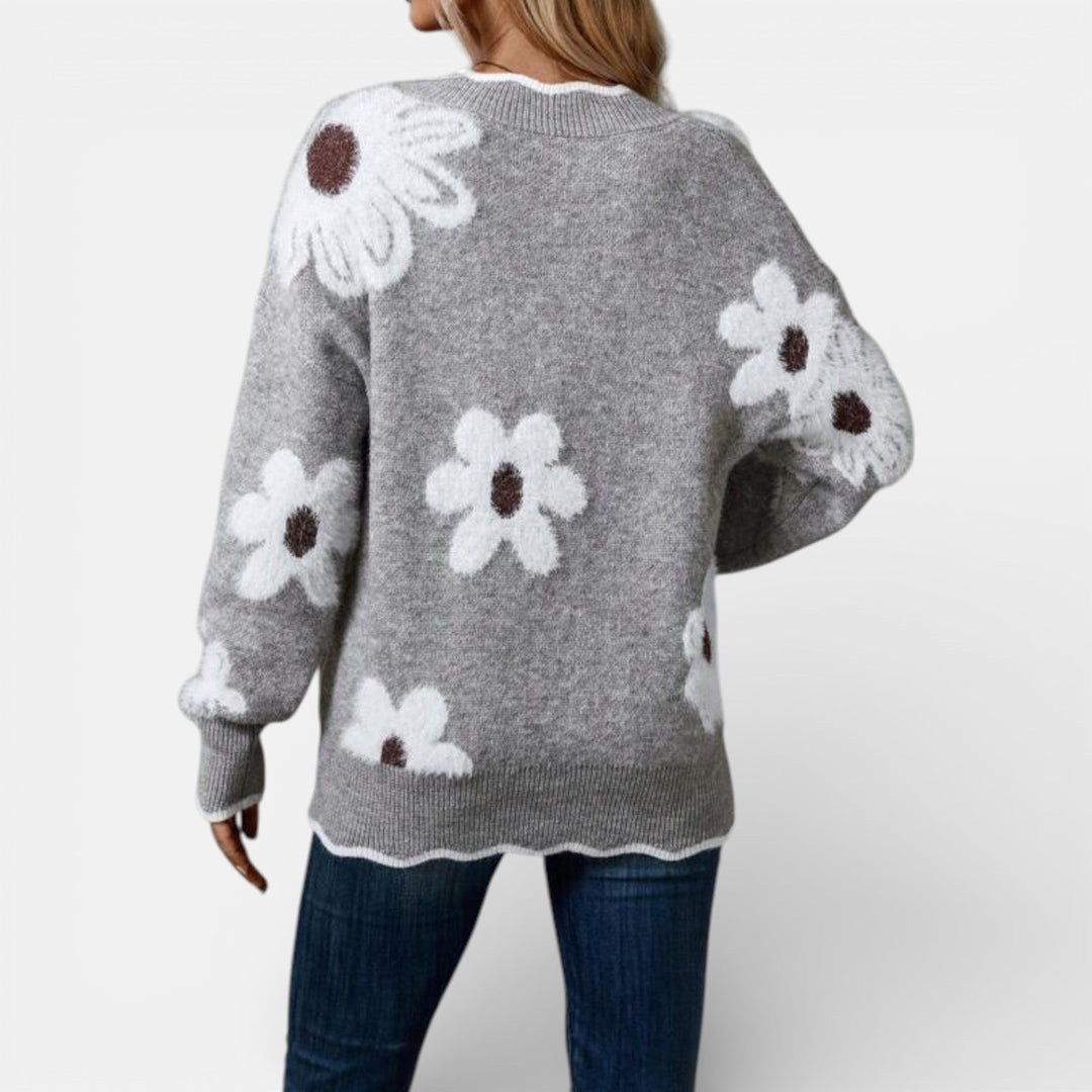Floral V-neck sweater in five muted shades for women