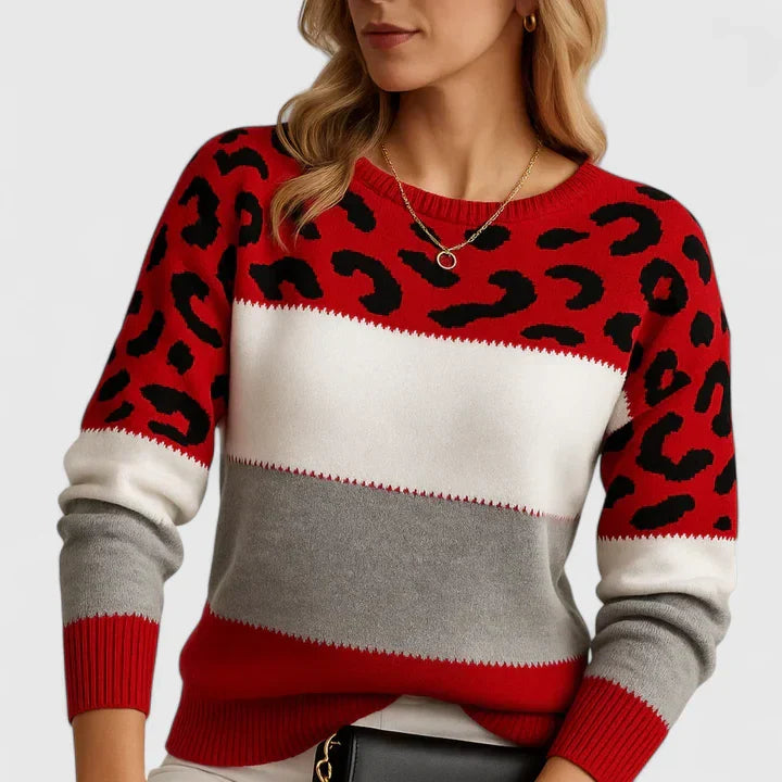 Crewneck sweater in gray, pink and red for women