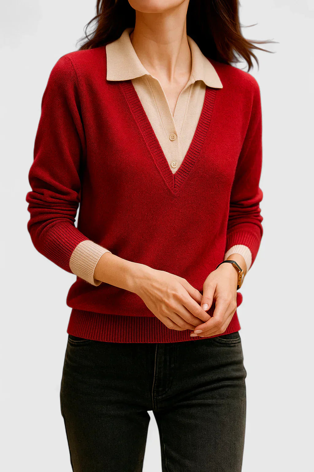Relaxed sweater in brown, red, lime, beige and black for women