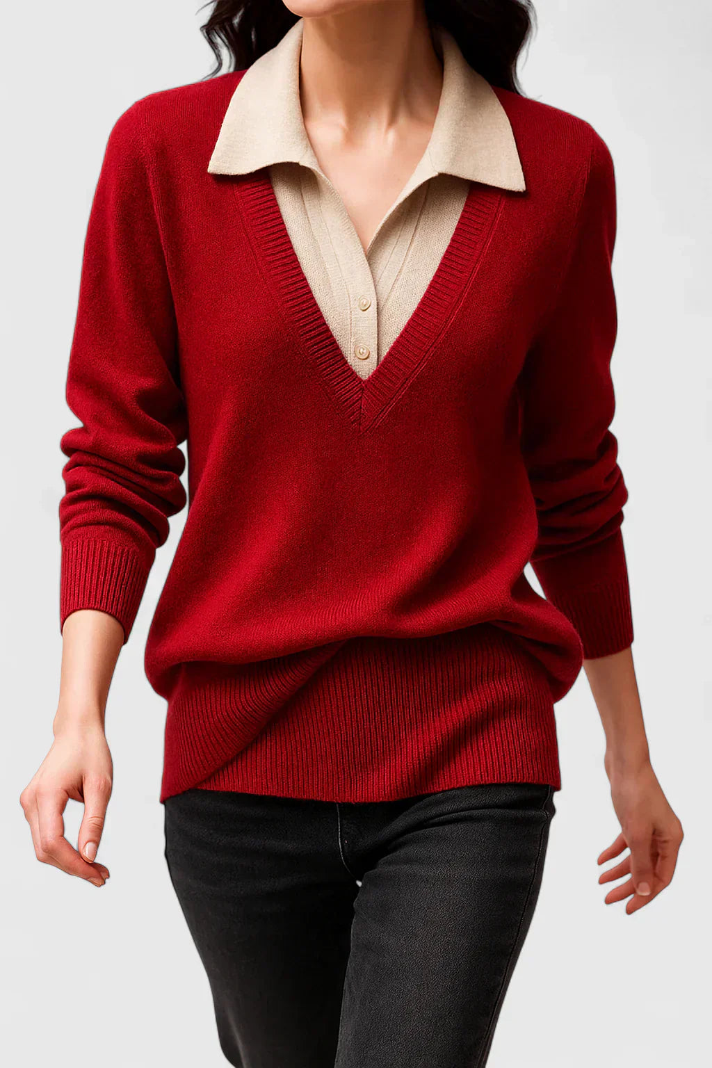 Relaxed sweater in brown, red, lime, beige and black for women