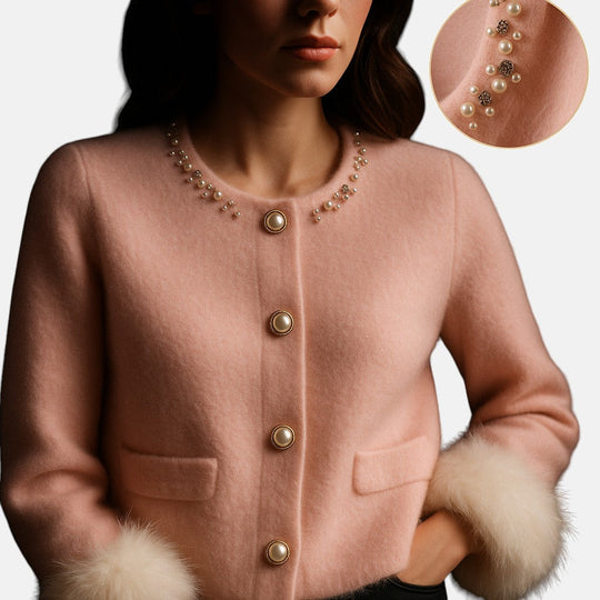 Knit cardigan for women with pearl and faux fur trim