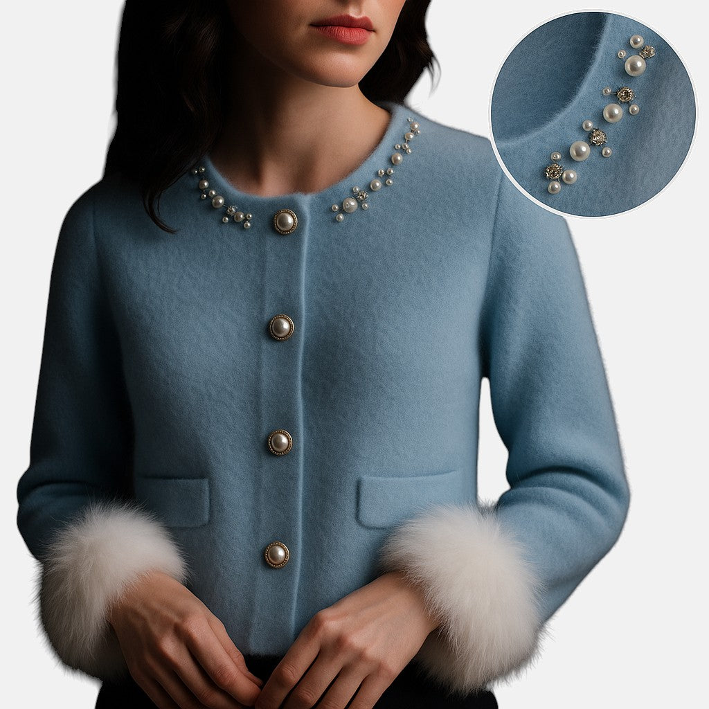 Knit cardigan for women with pearl and faux fur trim