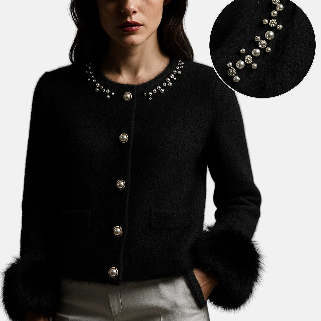 Knit cardigan for women with pearl and faux fur trim