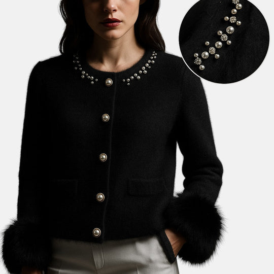 Knit cardigan for women with pearl and faux fur trim