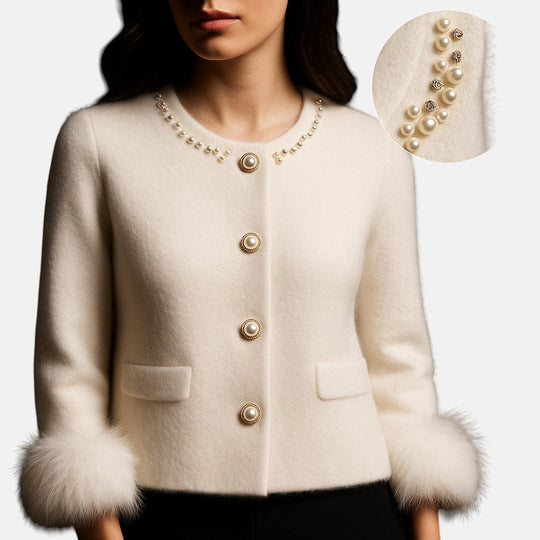 Knit cardigan for women with pearl and faux fur trim