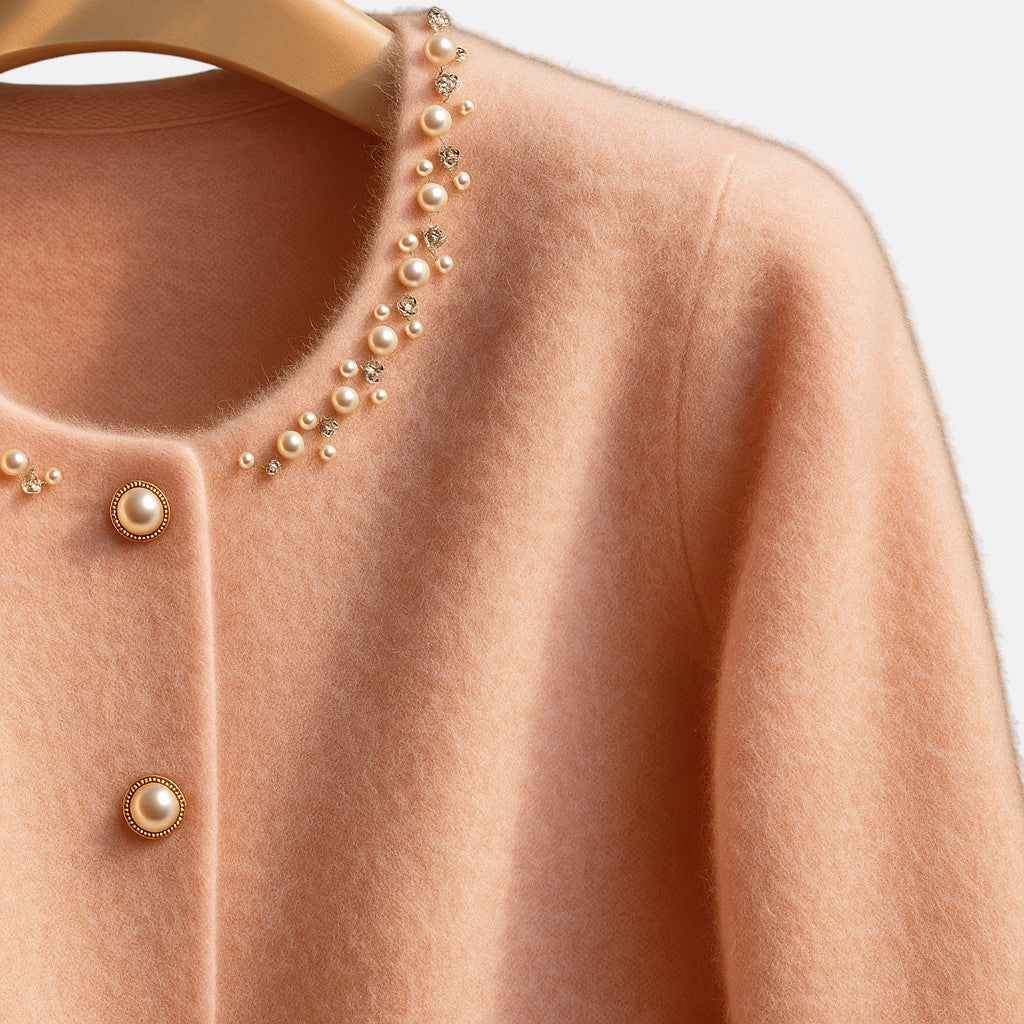 Knit cardigan for women with pearl and faux fur trim