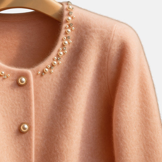 Knit cardigan for women with pearl and faux fur trim