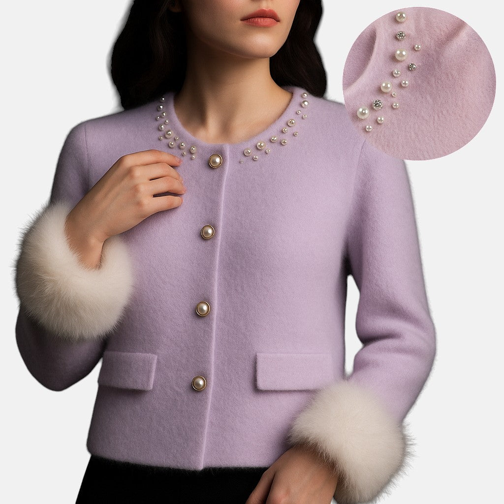 Knit cardigan for women with pearl and faux fur trim