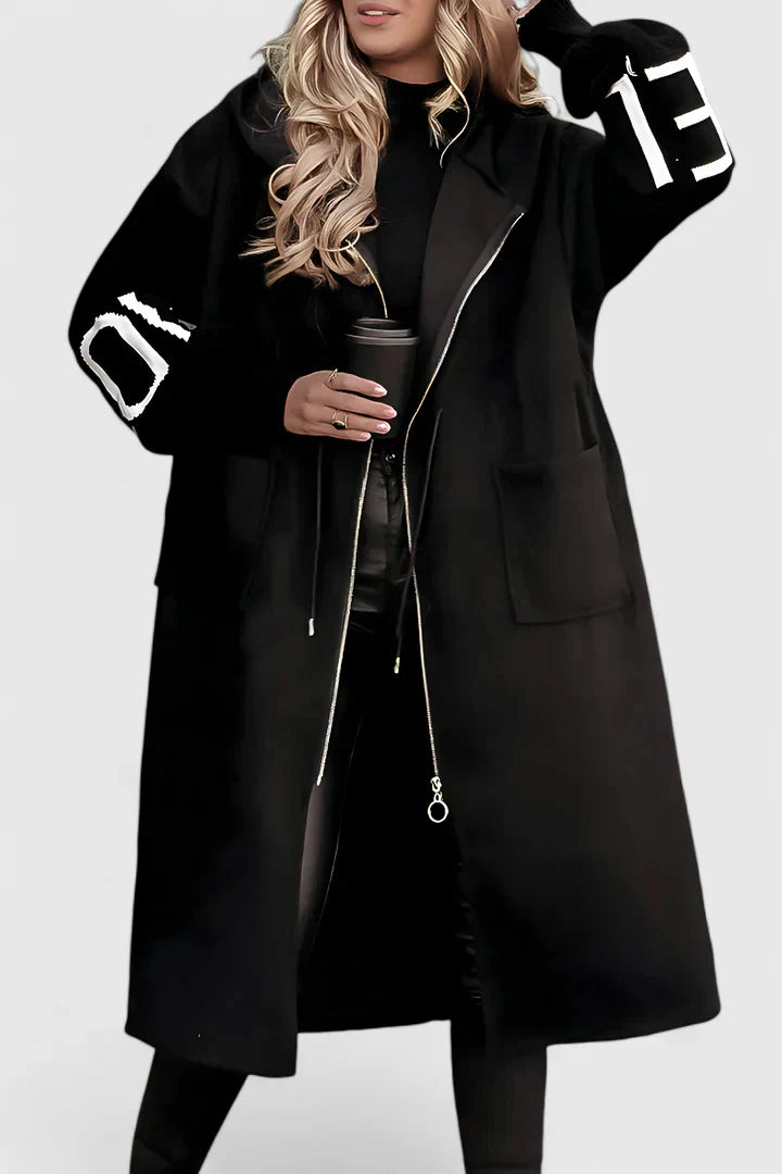Elegant hooded coat in white, black and brown for women