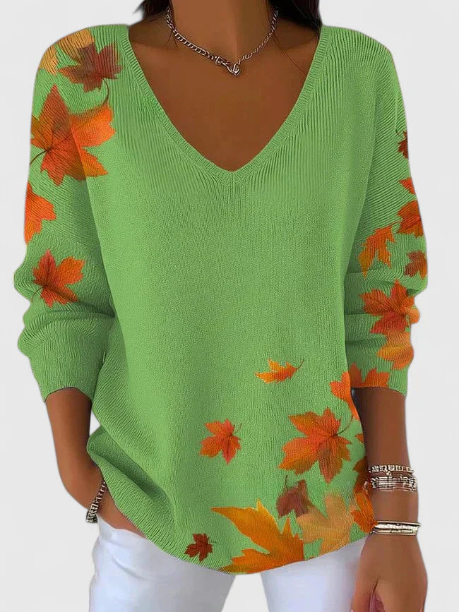 V-neck sweater in white, green and yellow for women