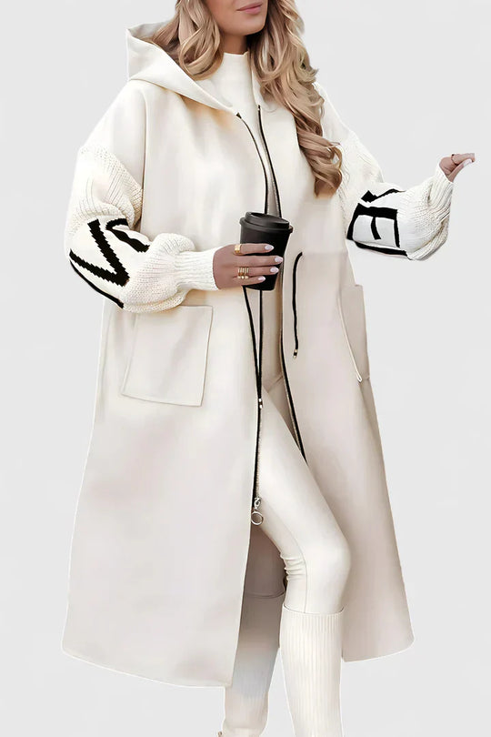 Elegant hooded coat in white, black and brown for women