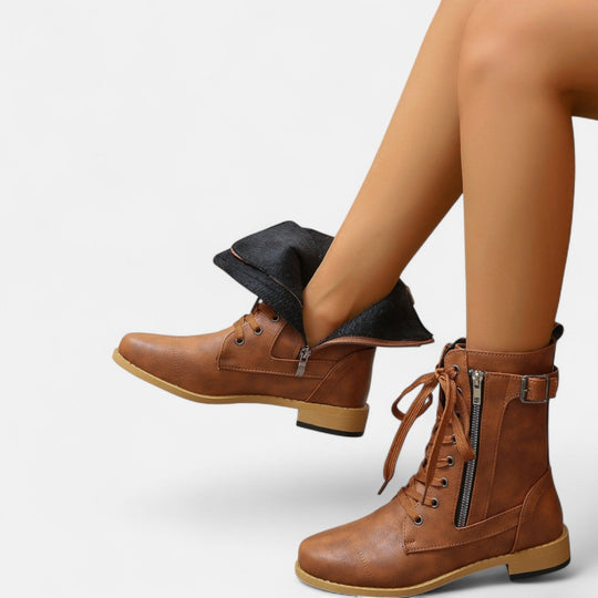 Lace-up combat boots in black, caramel and dark gray for women