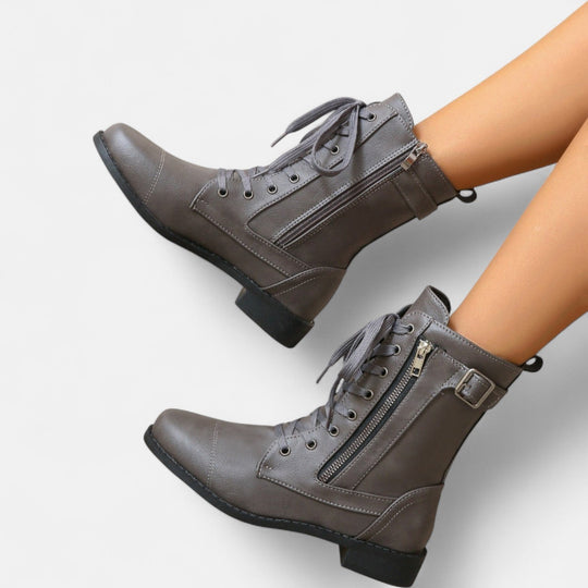 Lace-up combat boots in black, caramel and dark gray for women