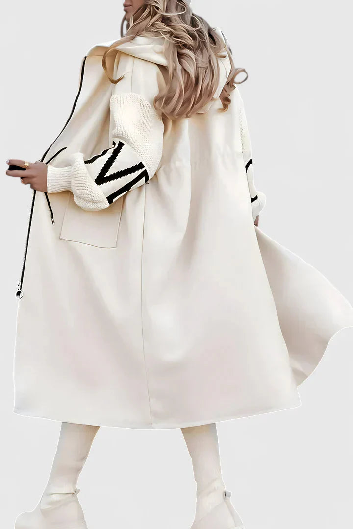 Elegant hooded coat in white, black and brown for women