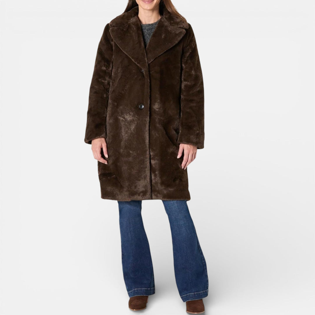 Relaxed faux fur coat in beige, black and dark brown for women