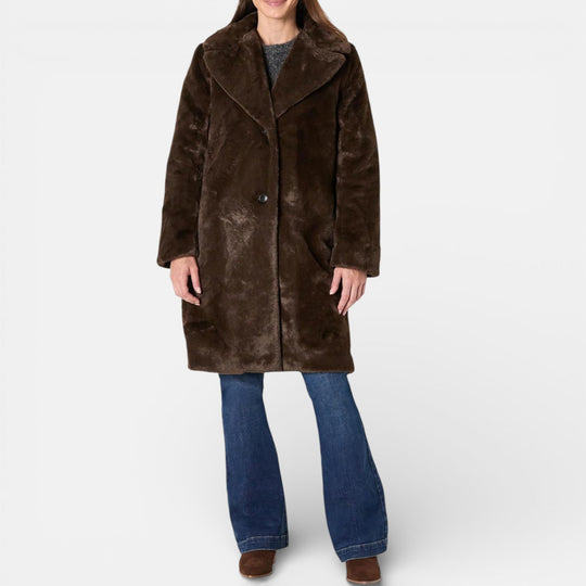 Relaxed faux fur coat in beige, black and dark brown for women