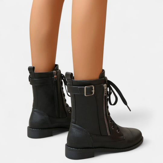 Lace-up combat boots in black, caramel and dark gray for women