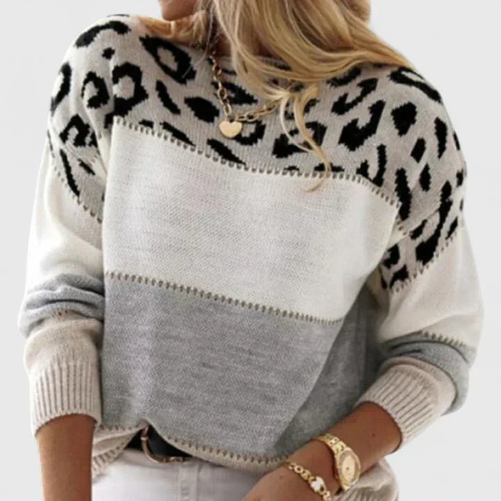 Crewneck sweater in gray, pink and red for women