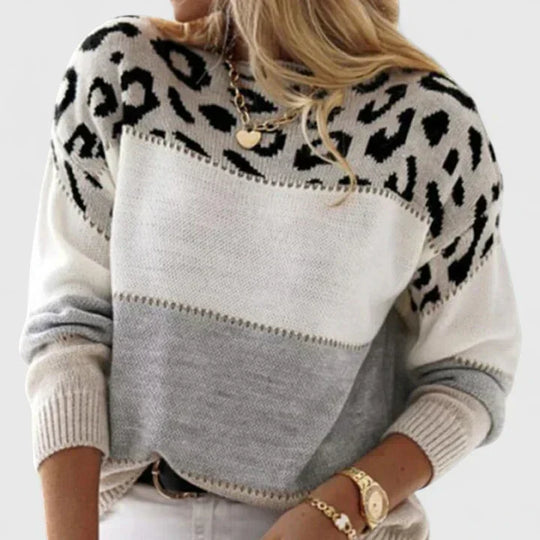 Crewneck sweater in gray, pink and red for women