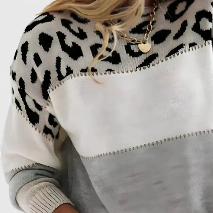 Crewneck sweater in gray, pink and red for women