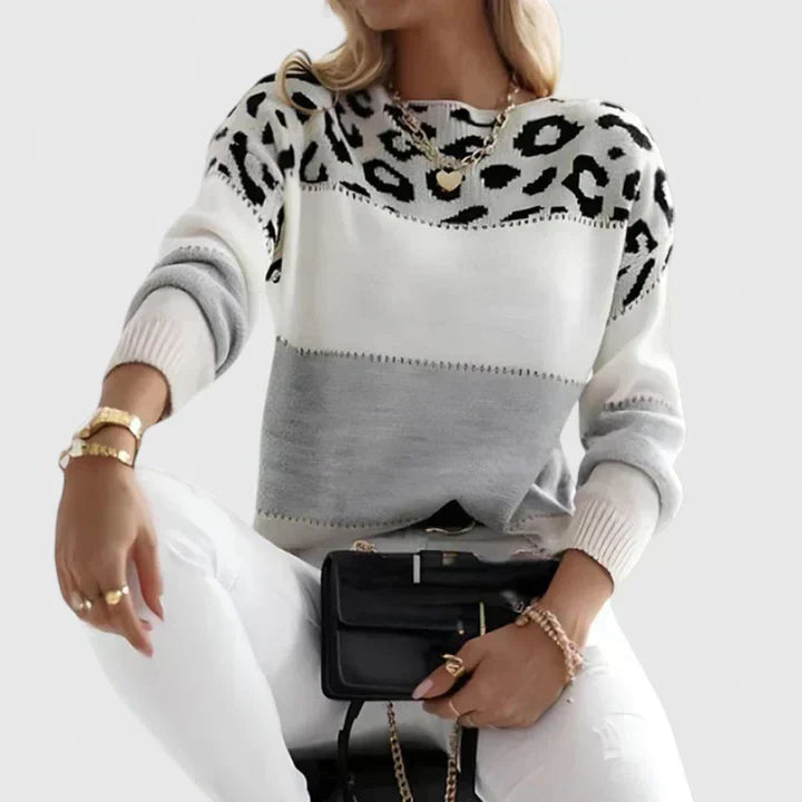 Crewneck sweater in gray, pink and red for women
