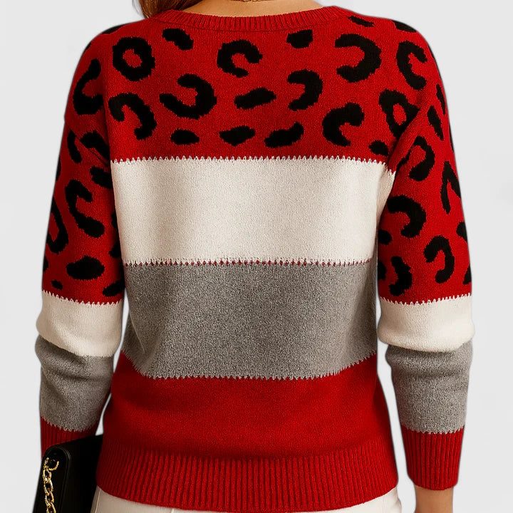 Crewneck sweater in gray, pink and red for women