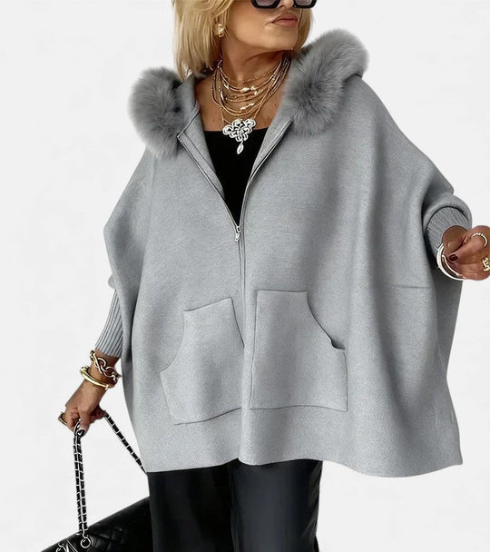 Hooded coat for women with faux fur collar