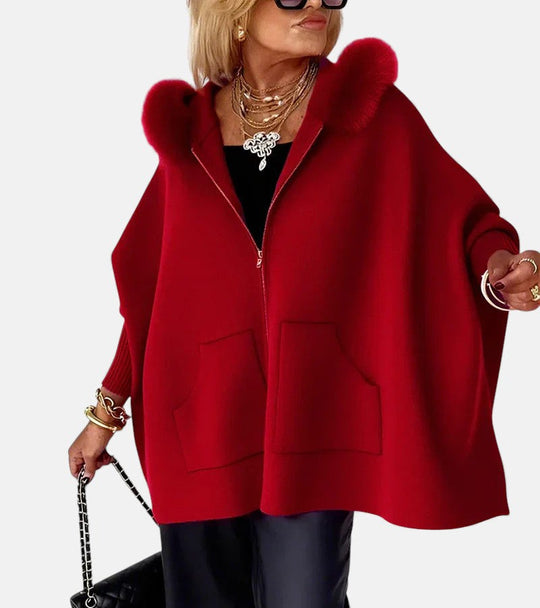 Hooded coat for women with faux fur collar