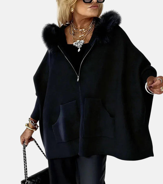 Hooded coat for women with faux fur collar