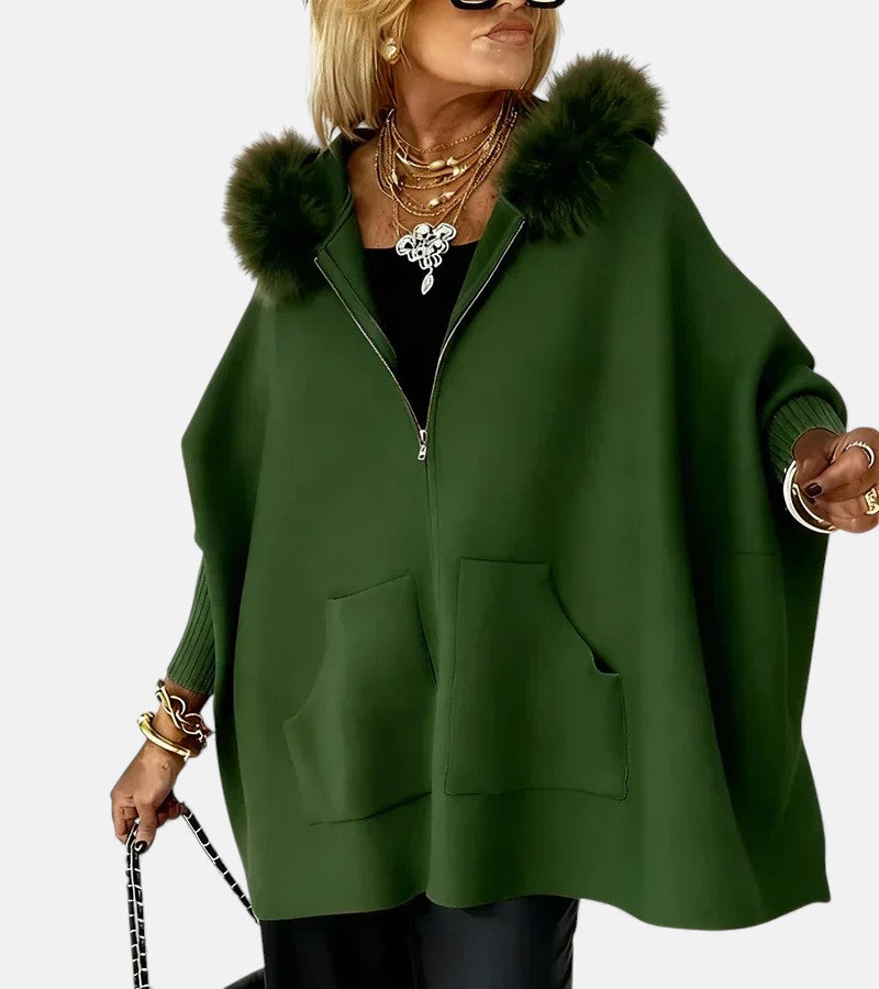 Hooded coat for women with faux fur collar
