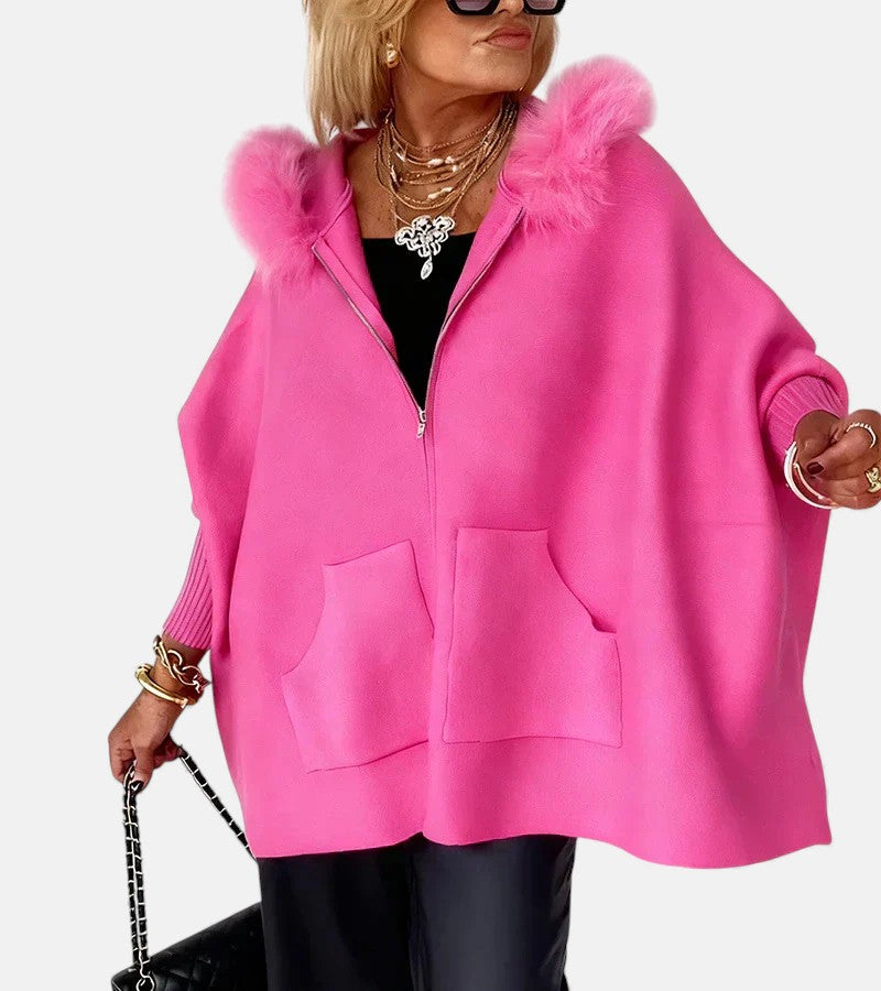 Hooded coat for women with faux fur collar