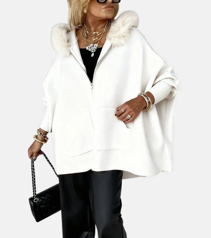 Hooded coat for women with faux fur collar