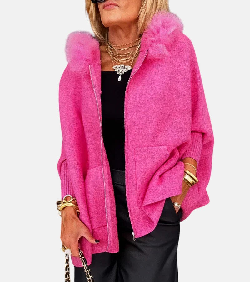 Hooded coat for women with faux fur collar