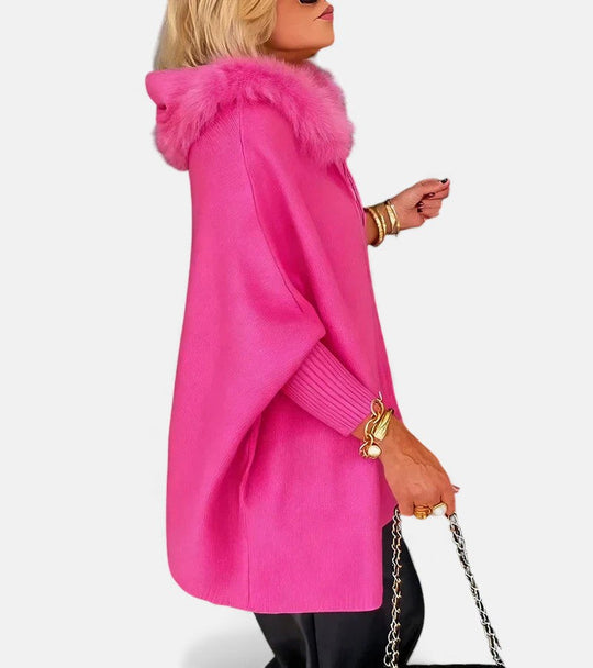 Hooded coat for women with faux fur collar