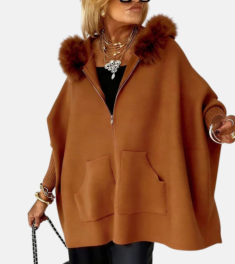 Hooded coat for women with faux fur collar