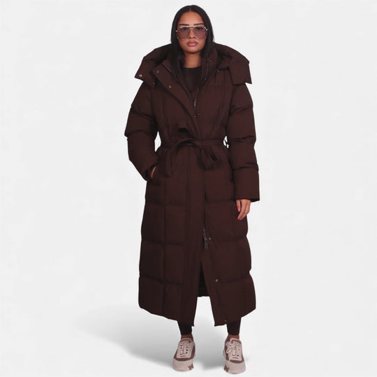 Long belted puffer coat in brown and black for women