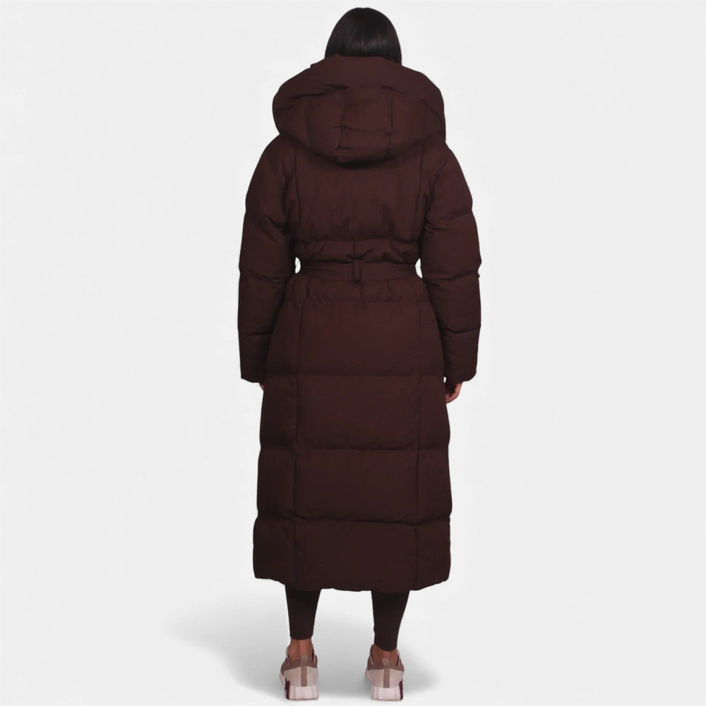 Long belted puffer coat in brown and black for women