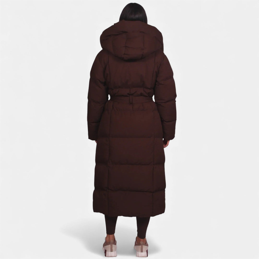 Long belted puffer coat in brown and black for women