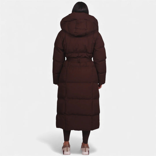 Long belted puffer coat in brown and black for women