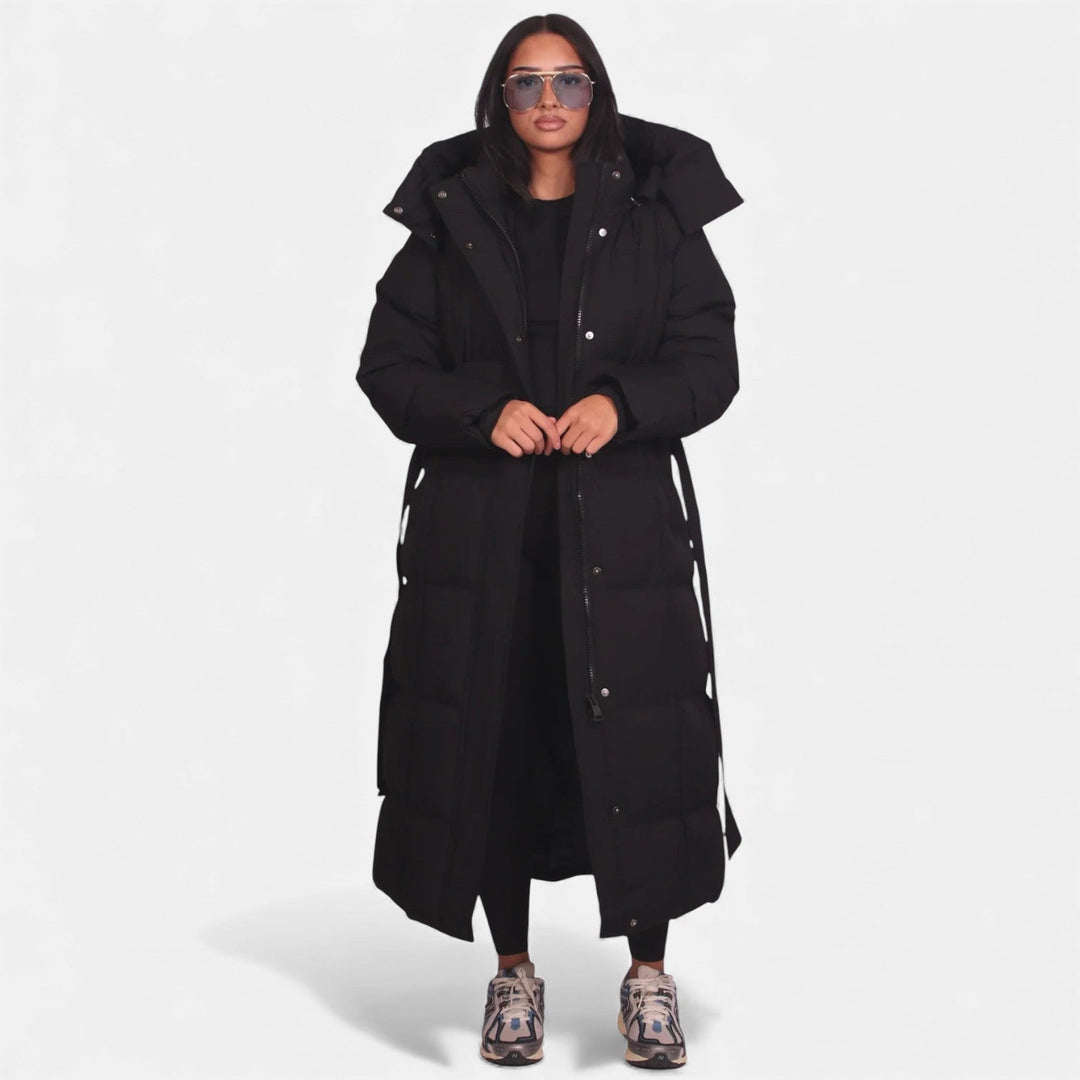 Long belted puffer coat in brown and black for women