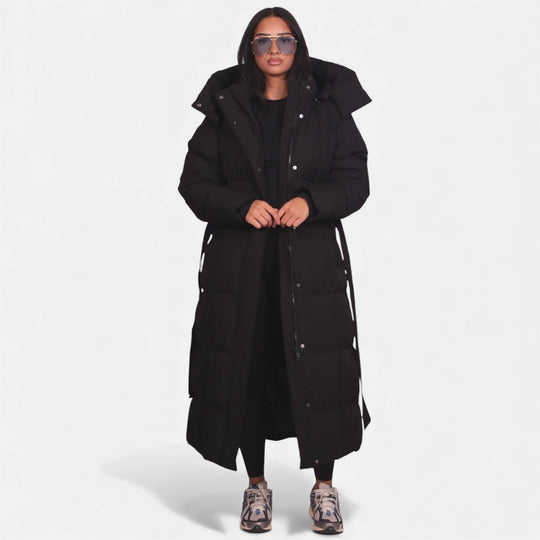 Long belted puffer coat in brown and black for women