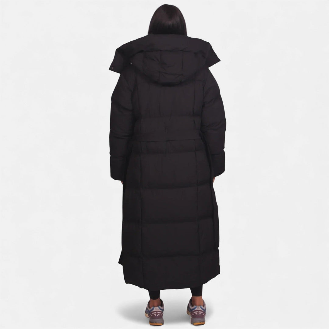 Long belted puffer coat in brown and black for women