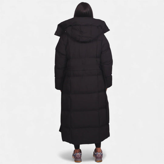 Long belted puffer coat in brown and black for women