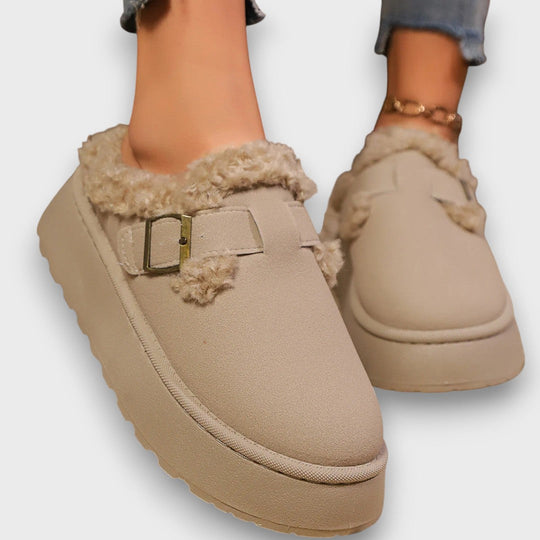 Fleece-lined platform mules in khaki, brown and black for women
