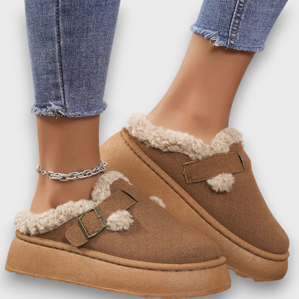 Fleece-lined platform mules in khaki, brown and black for women