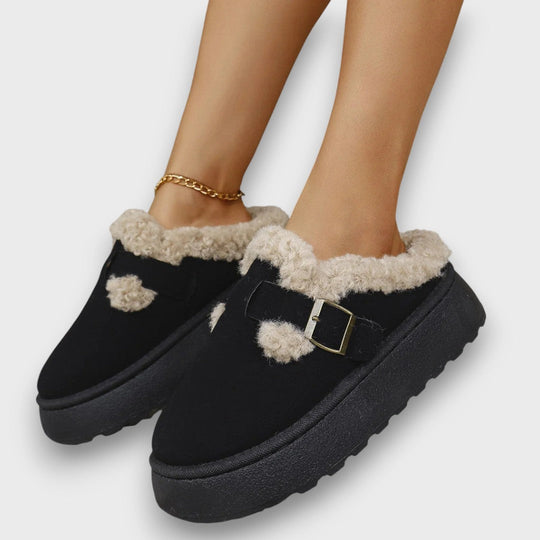 Fleece-lined platform mules in khaki, brown and black for women