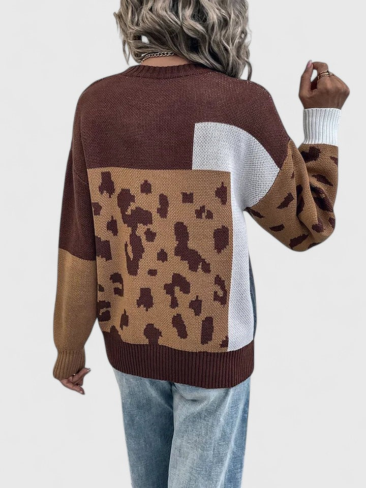 Leopard patchwork sweater in black and brown for women